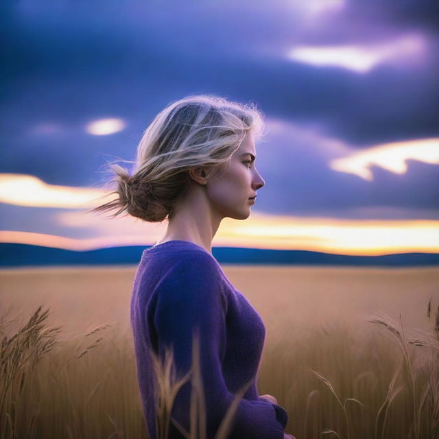 A blonde woman standing in a barley field at dusk, facing away from the viewer