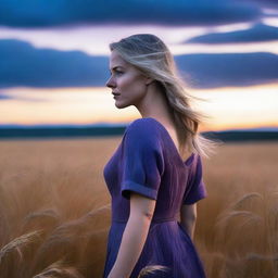 A blonde woman standing in a barley field at dusk, facing away from the viewer