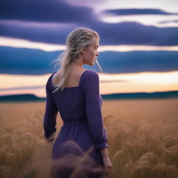 A blonde woman standing in a barley field at dusk, facing away from the viewer