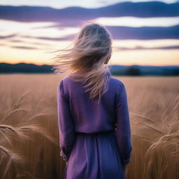 A blonde woman standing in a barley field at dusk, facing away from the viewer