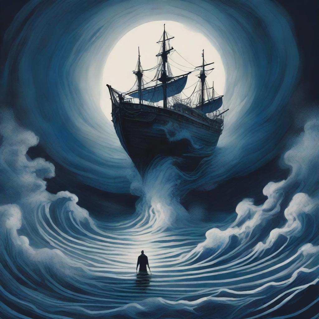 An illustration of a vessel descending into a deep blue void