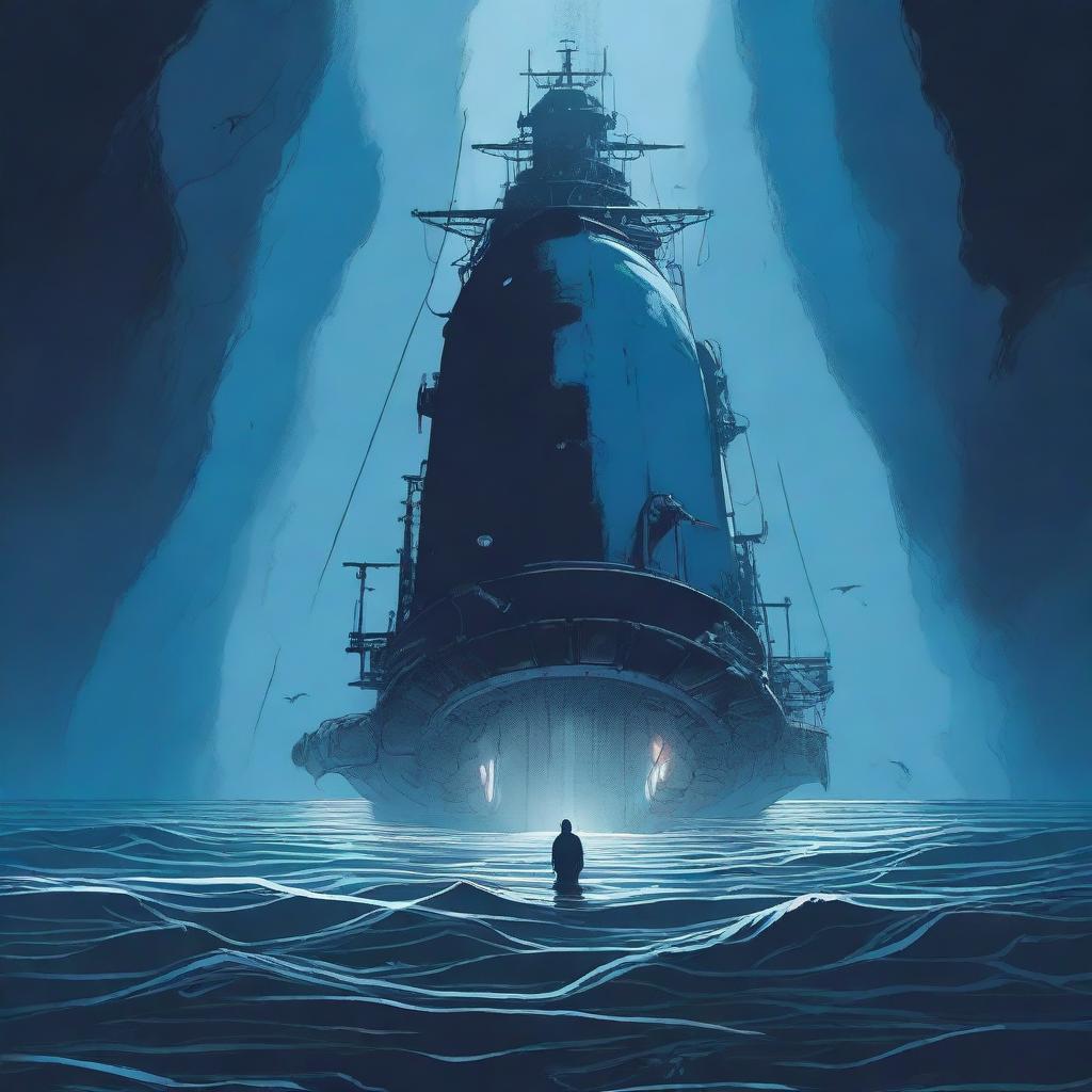 An illustration of a submersible descending into a deep blue void