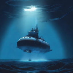 An illustration of a submersible descending into a deep blue void