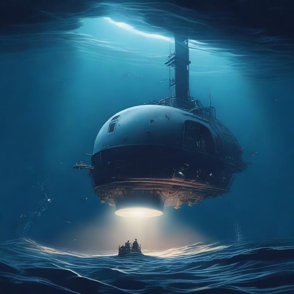 An illustration of a submersible descending into a deep blue void