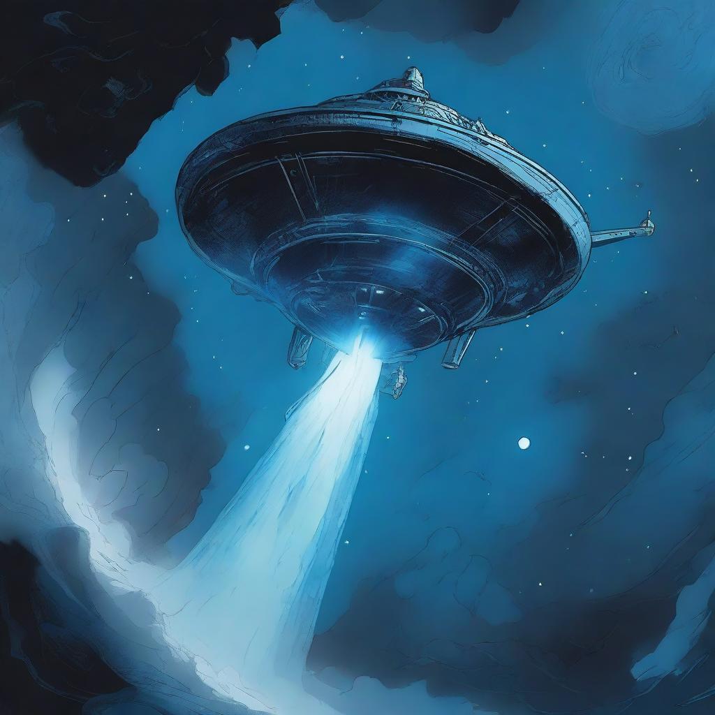 An illustration of a spaceship descending into a deep blue void