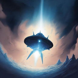 An illustration of a spaceship descending into a deep blue void