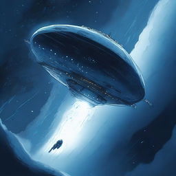 An illustration of a spaceship descending into a deep blue void