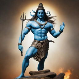 Lord Shiva standing in a firm and rushfull pose exhibiting anger, surrounded by divine energy