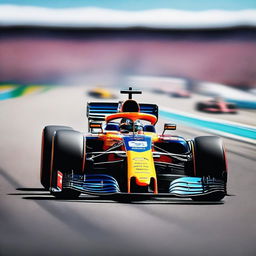 A high-speed Formula 1 race car zooming down the racetrack, with vibrant colors and dynamic motion blur to emphasize the speed and excitement of the race