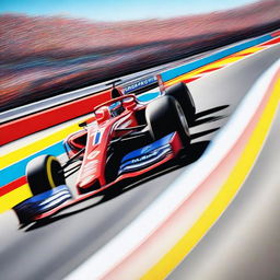 A high-speed Formula 1 race car zooming down the racetrack, with vibrant colors and dynamic motion blur to emphasize the speed and excitement of the race