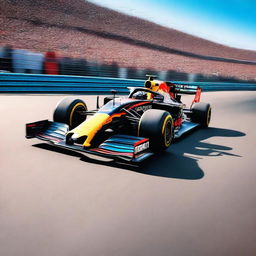 A high-speed Formula 1 race car zooming down the racetrack, with vibrant colors and dynamic motion blur to emphasize the speed and excitement of the race