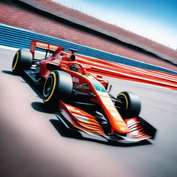 A high-speed Formula 1 race car zooming down the racetrack, with vibrant colors and dynamic motion blur to emphasize the speed and excitement of the race