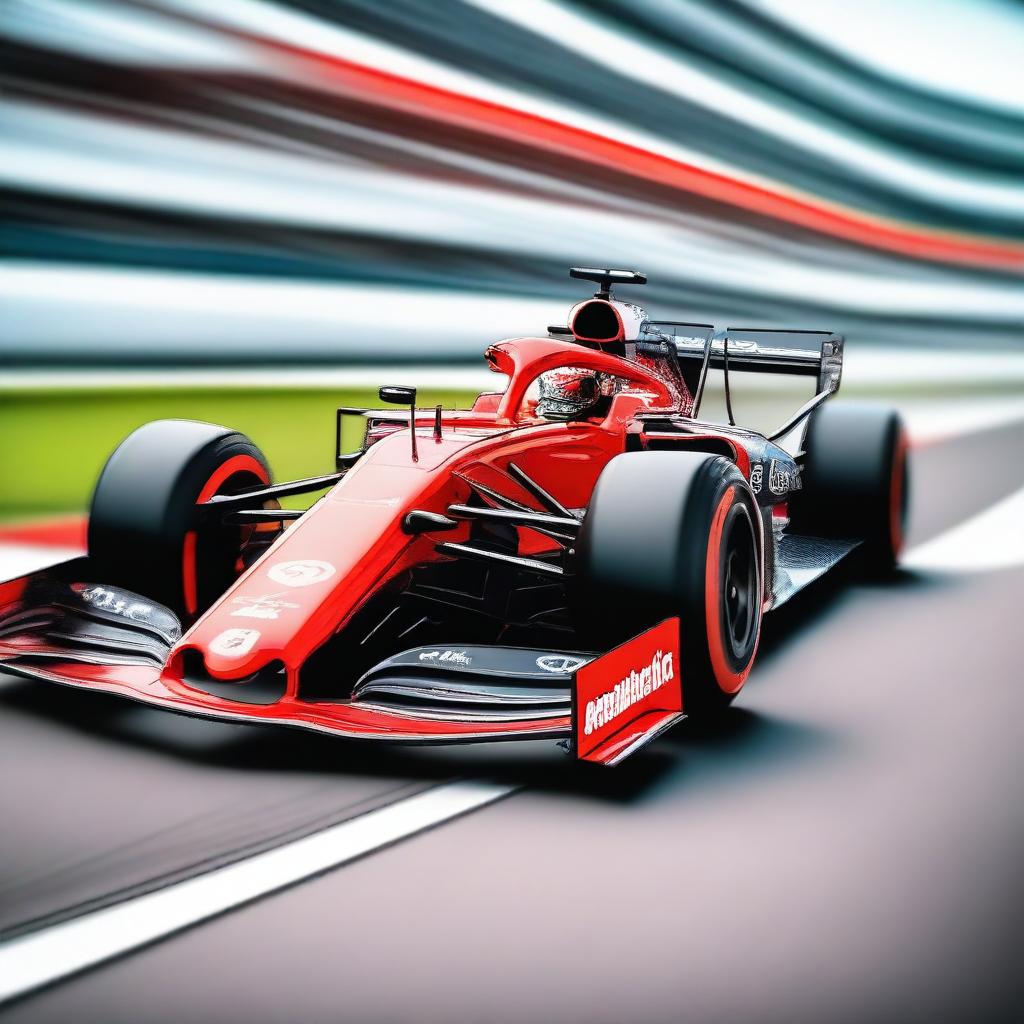 A high-speed Formula 1 car racing on a modern race track, with sleek aerodynamic design and vibrant sponsor logos