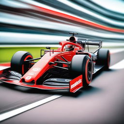 A high-speed Formula 1 car racing on a modern race track, with sleek aerodynamic design and vibrant sponsor logos