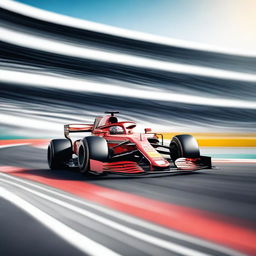 A high-speed Formula 1 car racing on a modern race track, with sleek aerodynamic design and vibrant sponsor logos