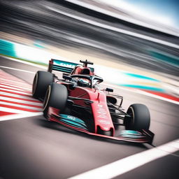 A high-speed Formula 1 car racing on a modern race track, with sleek aerodynamic design and vibrant sponsor logos