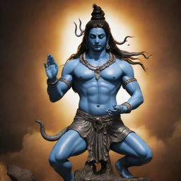 Lord Shiva standing in a firm and rushfull pose exhibiting anger, surrounded by divine energy