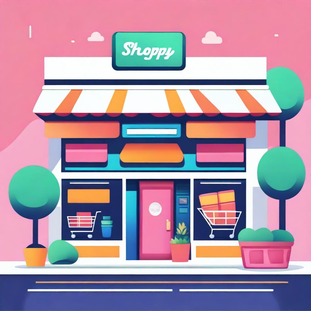 A detailed and vibrant illustration of an e-commerce storefront with a modern and sleek design