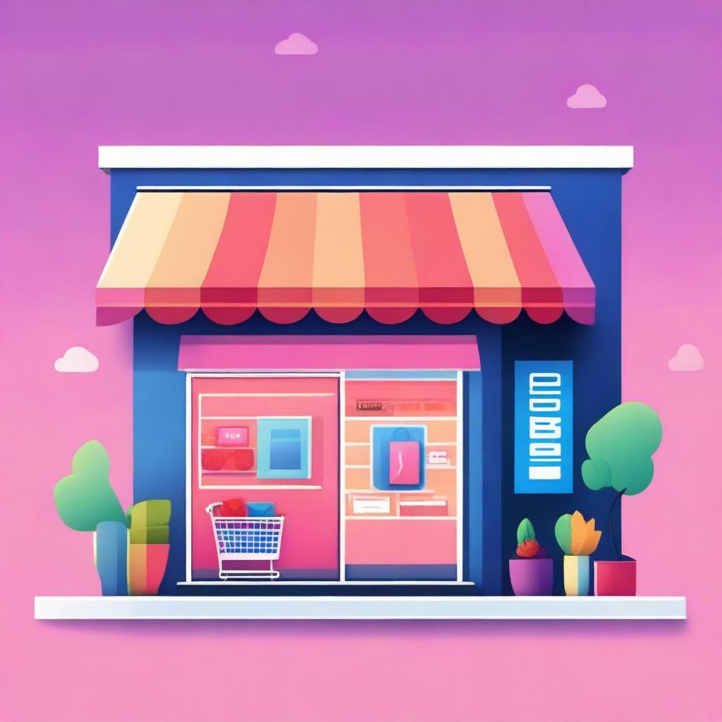 A detailed and vibrant illustration of an e-commerce storefront with a modern and sleek design