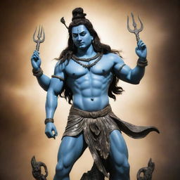 Lord Shiva standing in a firm and rushfull pose exhibiting anger, surrounded by divine energy