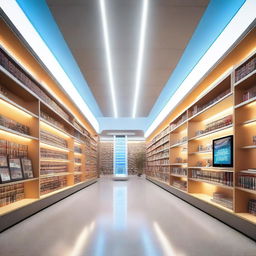 A futuristic smart library with advanced technology, shelves filled with books, holographic displays, and robots assisting visitors