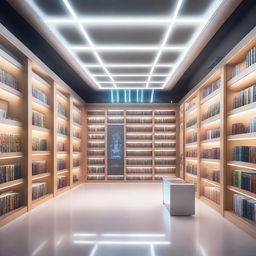 A futuristic smart library with advanced technology, shelves filled with books, holographic displays, and robots assisting visitors