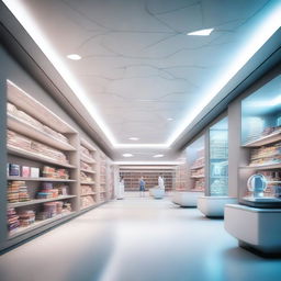 A futuristic smart library with advanced technology, shelves filled with books, holographic displays, and robots assisting visitors