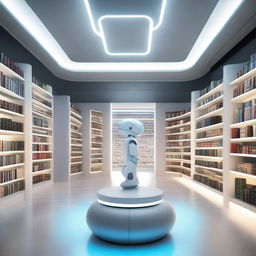 A futuristic smart library with advanced technology, shelves filled with books, holographic displays, and robots assisting visitors