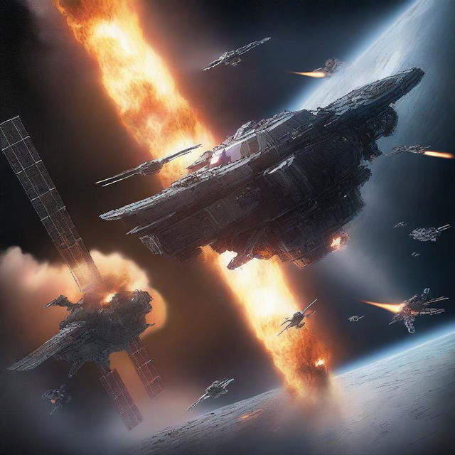 An illustration of an outside view of a space station under attack