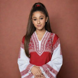 Ariana Grande wearing a traditional Moroccan jersey next to a North African background.