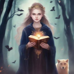 Create a book cover featuring Eira, a teenage witch princess, who reincarnates in the present day and joins a school of hunters to prevent an unknown person from releasing her evil brother, who wants to destroy the world