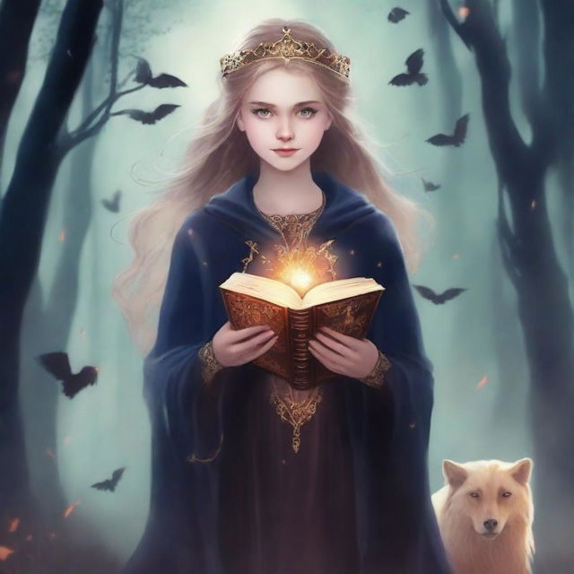 Create a book cover featuring Eira, a teenage witch princess, who reincarnates in the present day and joins a school of hunters to prevent an unknown person from releasing her evil brother, who wants to destroy the world