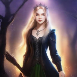 Create a book cover featuring Eira, a teenage witch princess, who reincarnates in the present day and joins a school of hunters to prevent an unknown person from releasing her evil brother, who wants to destroy the world