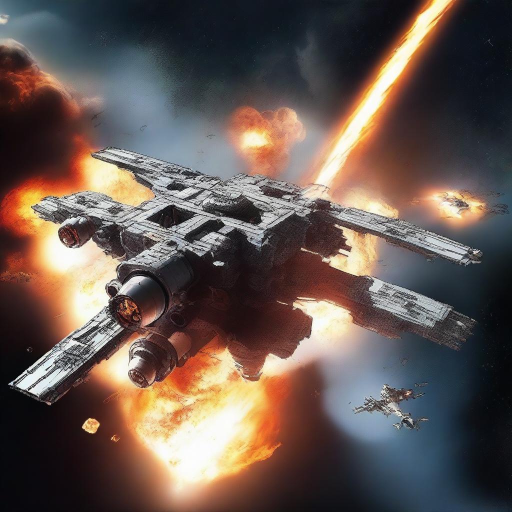 An illustration of an outside view of a space station under attack