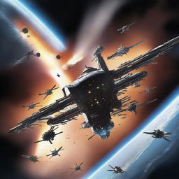 An illustration of an outside view of a space station under attack