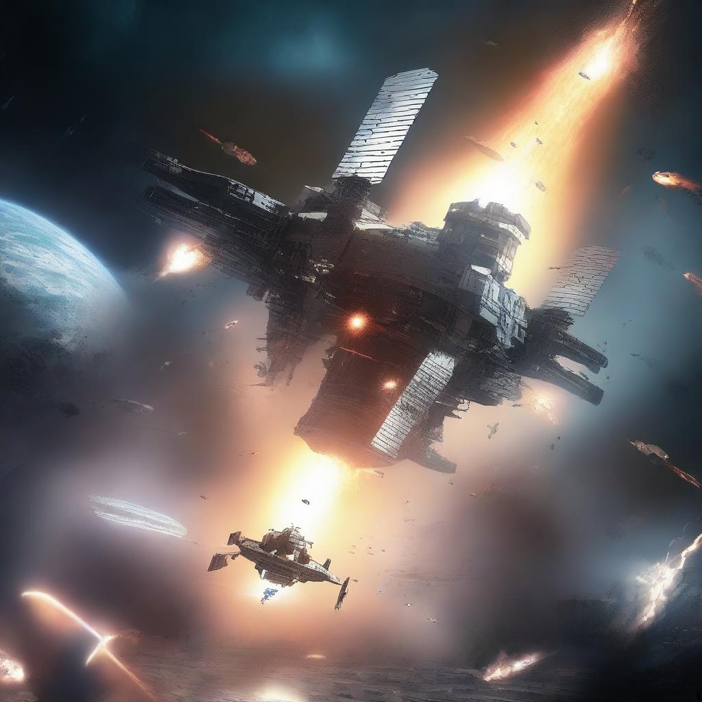 An illustration of an outside view of a futuristic space station under attack