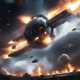 An illustration of an outside view of a futuristic space station under attack