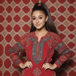 Ariana Grande wearing a traditional Moroccan jersey next to a North African background.