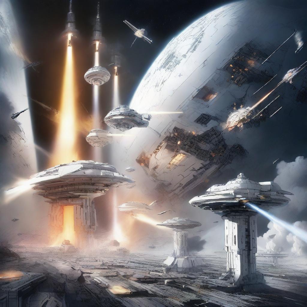 An illustration of an outside view of a white futuristic space station under attack