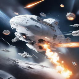 An illustration of an outside view of a white futuristic space station under attack