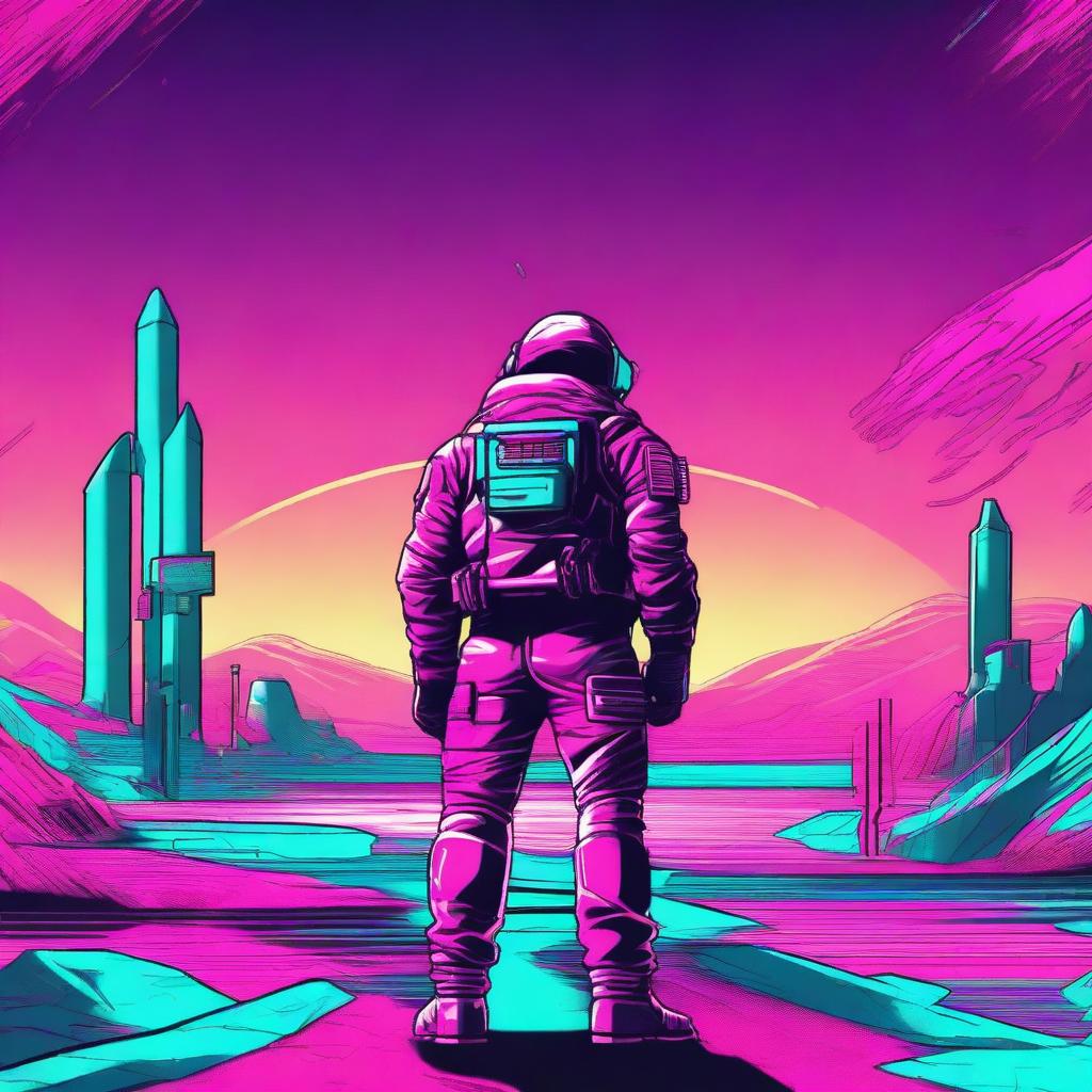 An illustration of a lone space soldier viewed from behind, standing in the endless expanse of space