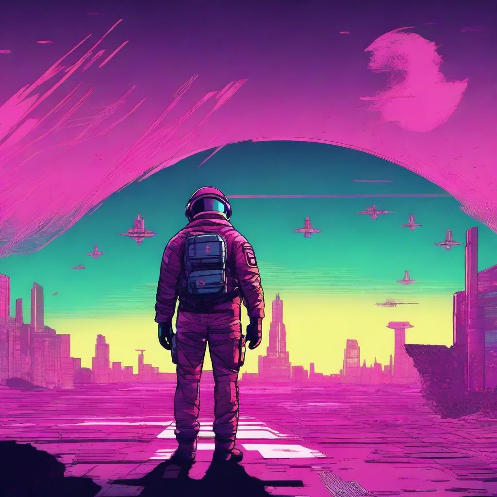 An illustration of a lone space soldier viewed from behind, standing in the endless expanse of space