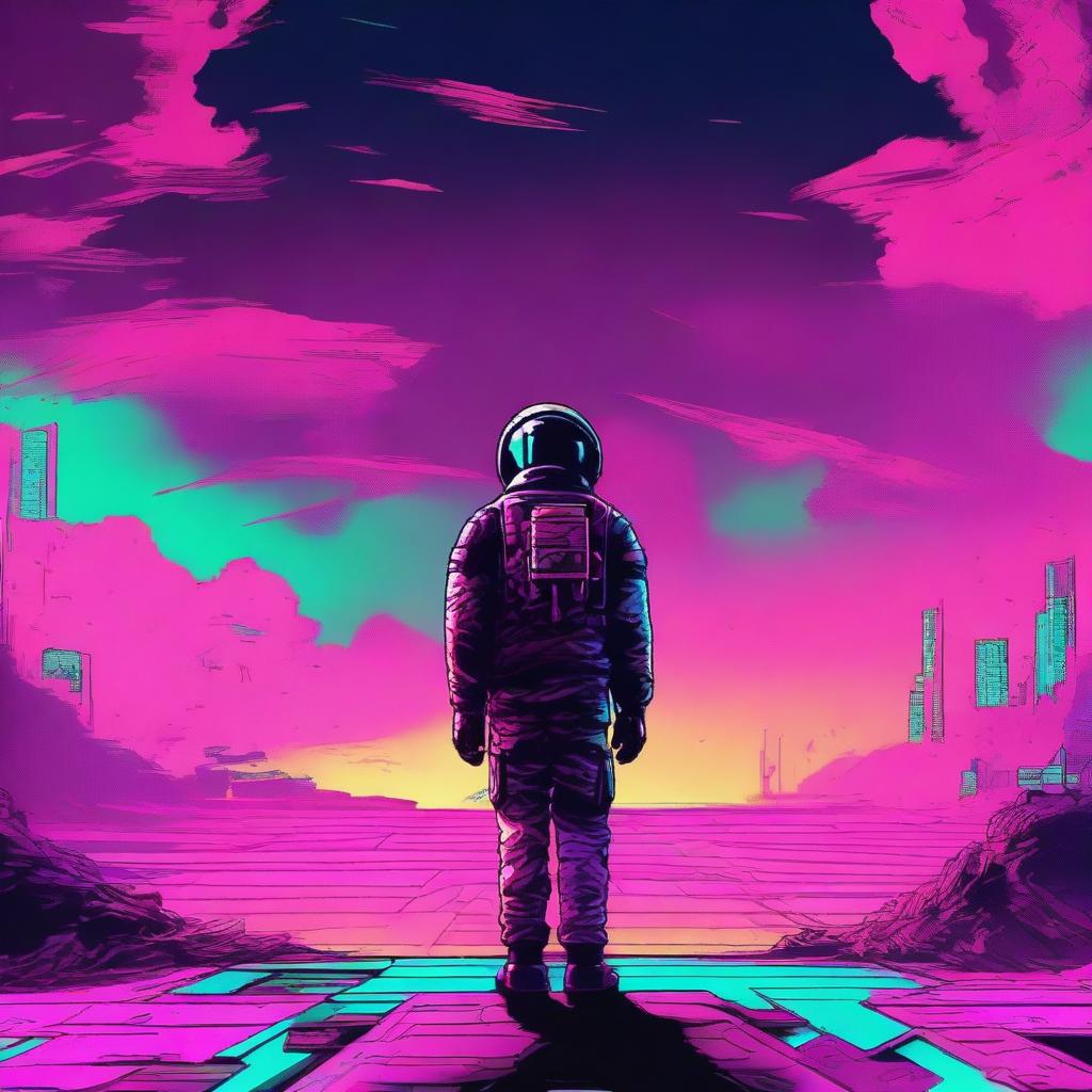 An illustration of a lone space soldier viewed from behind, standing in the endless expanse of space