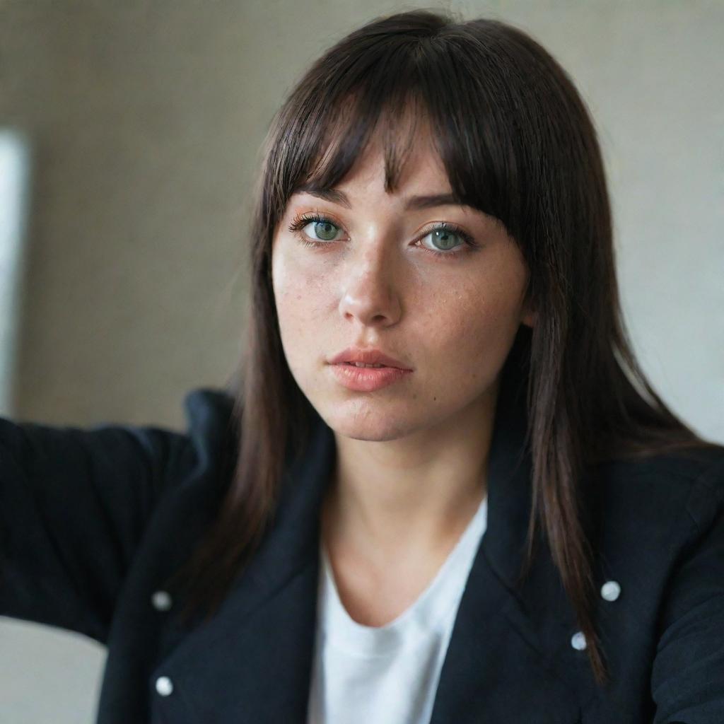 casual photograpy medium body, female, 23 year old with green eyes and black long hai with withe streaks in the bangs with  black rap tematic jacket .,freckles, self on the mirror, relax time, medium distance shot, 4k hd,  --style raw--v 5.2 ar 2-3