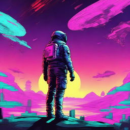 An illustration of a lone space soldier viewed from behind, standing in the endless expanse of space