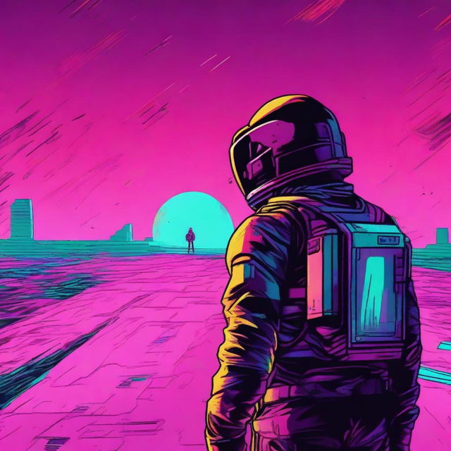 An illustration of a lone space soldier viewed from behind, standing in the endless expanse of space