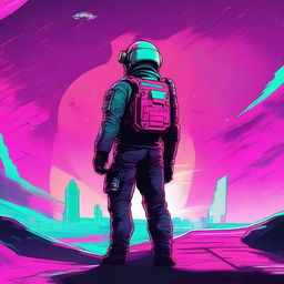 An illustration of a lone space soldier viewed from behind, standing in the endless expanse of space