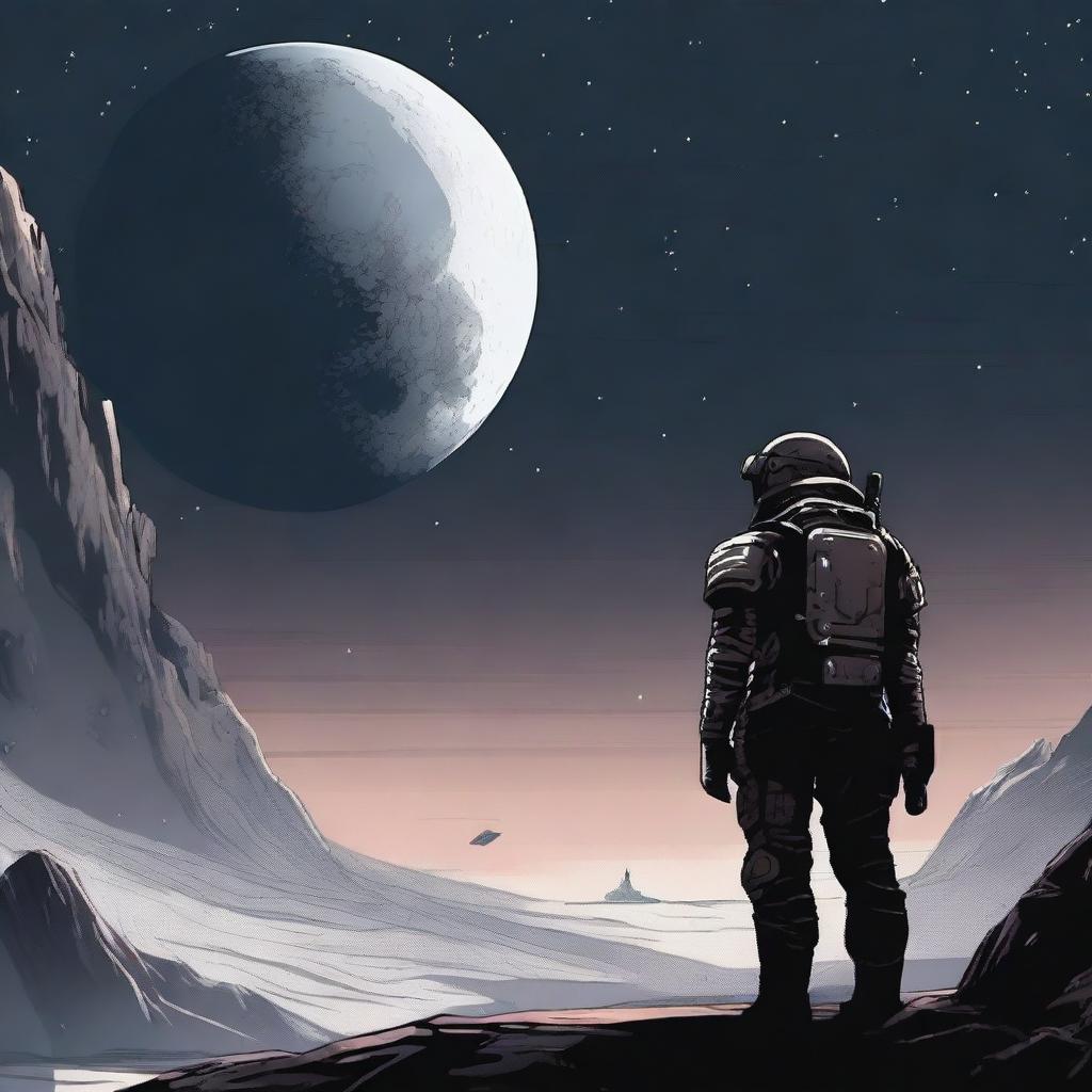 An illustration of a lone space soldier viewed from behind, standing in the endless expanse of space