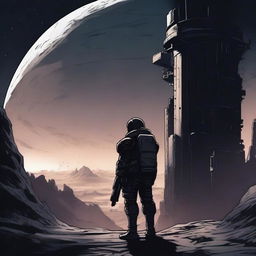 An illustration of a lone space soldier viewed from behind, standing in the endless expanse of space