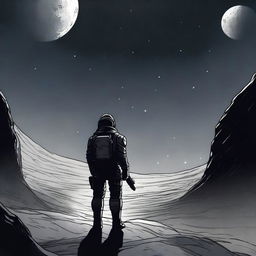 An illustration of a lone space soldier viewed from behind, standing in the endless expanse of space